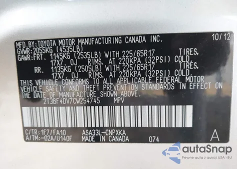 2012 Toyota Rav4 z USA, uszkodzony, nr VIN 2T3BF4DV7CW254745